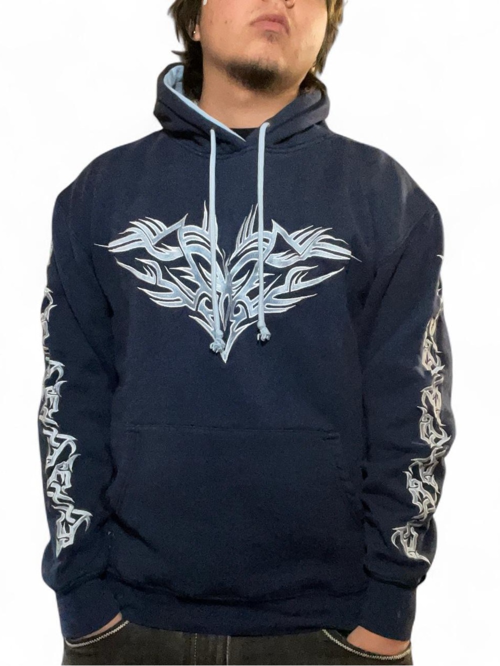 Vintage Y2K Sapphire Lounge Tribal‎ Embroidered Navy Blue Grunge Hoodie